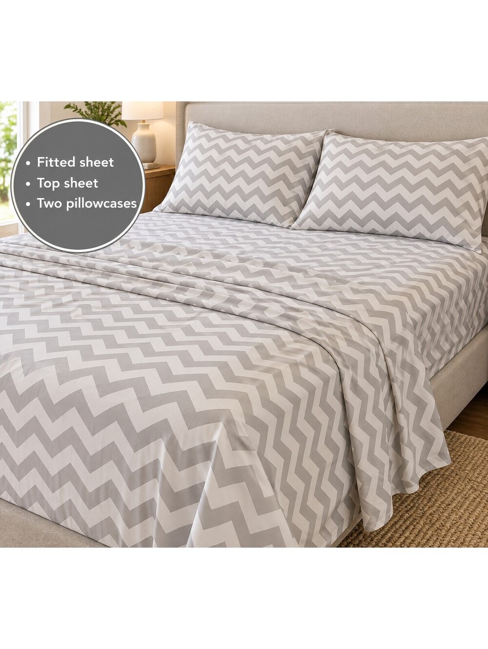 Gray and White Chevron Print 4-Piece King Size Sheet Set